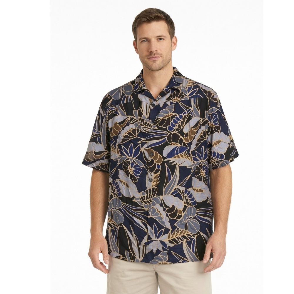 Tasso Elba Mens Shirt XL Short Sleeve Hawaiian Relax Beach Silk Blend Blue Brown